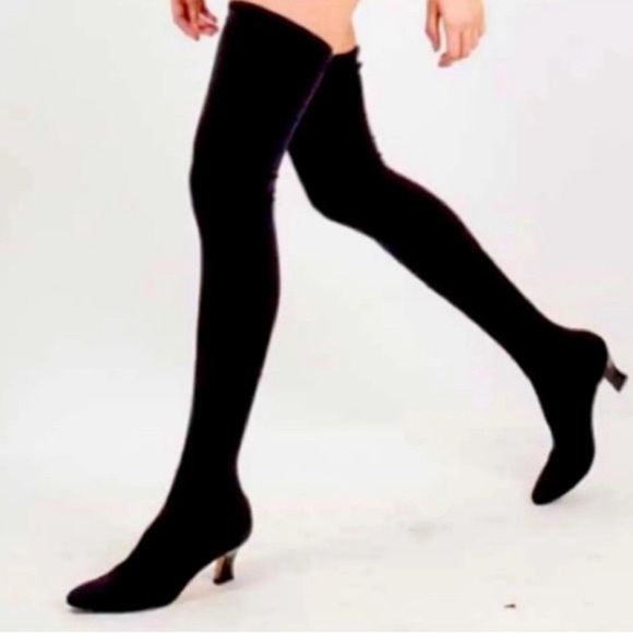Anne Klein Couture Vintage Black Lycra Thigh Hi Stocking Kitten Heel Boots 6.5 - Picture 1 of 7